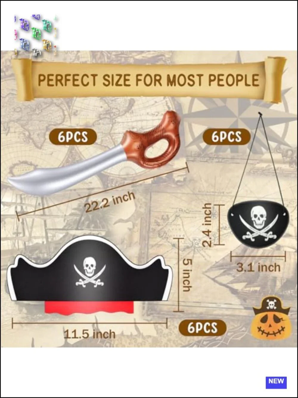 18pc Pirate Party Set for Kids - 6 Hats 6 Eye Patches 6 Inflatable Swords
